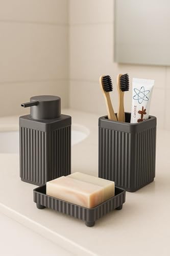 Serisi Açık Gri Banyo Seti, 3 Parça Diş Fırçalık, Sıvı Sabunluk, Katı Sabunluk Aksesuar Takımı Gri