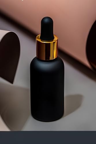 30 ml Mat Siyah Cam Damlalıklı Serum Şişesi 30 cc Renkli Metal Kapaklı Dropper Cam Şişe 2 Adet (Gold Yüzük | Siyah Lastik)