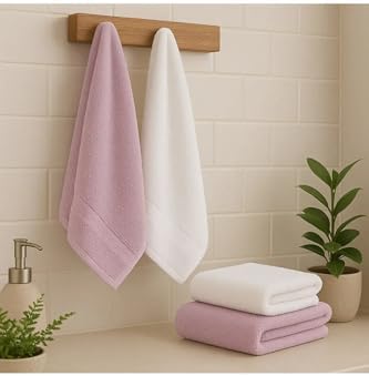 Lüks Banyo Havlusu Seti, 4 Parça, Pembe ve Beyaz, Yumuşak Pamuklu