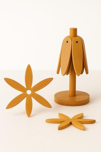 Bambu Seti, 2’li, Standlı, Katlanır Tasarım, Bardak ve Tencere Altlığı, Dayanıklı Mutfak Nihalesi, Doğal Ahşap