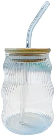 500ml Bambu Kapaklı Cam Bardak, Cam Pipetli Silikon Kapak Contalı İnce Çizgi Desenli Soğuk İçecekler için Kahve Meyve Suları ve Çayları için Ergonomik Şık Tasarım