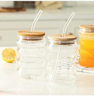 2 Adet Şeffaf Cam Pipetli Ahşap Kapaklı Dayanıklı Şeritli Boğumlu Bardak – Kahve ve Meyve Suyu İçin