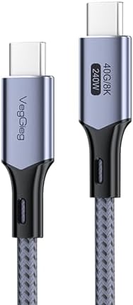 Veggieg USB 4.0 E-Mark 240W 40Gbps Thunderbolt 4 8K 60Hz Type-C Görüntü Hızlı Şarj ve Data Kablosu 50 CM