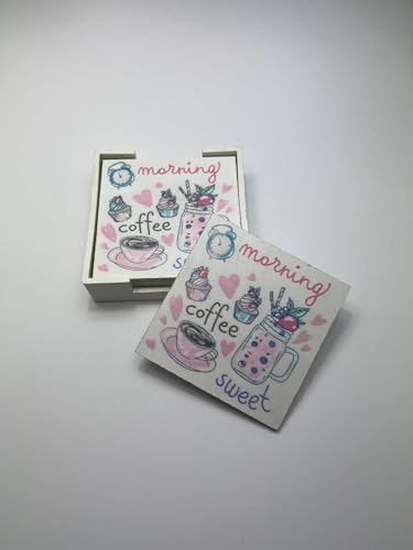 6’lı Ahşap Bardak Altlığı Seti (Kutulu - Kahve ve Tatlı Desenli)