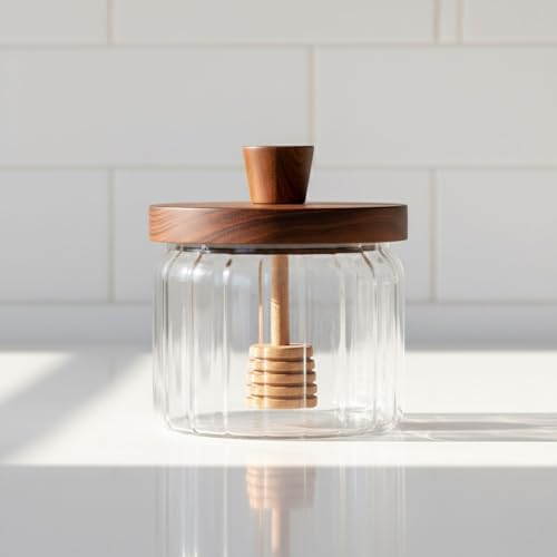 Akasya Ağacı Kapaklı Borosilikat Cam Bal Kavanozu ve Bal Kaşığı| Modern Kahvaltılık Saklama Kabı | Borosilikat Cam Bal Kavanozu | Ahşap Kapaklı ve Kepçeli Şık Bal Sunumluk 280ML