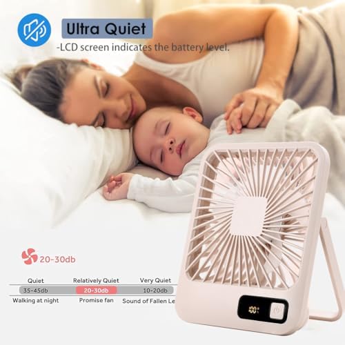 Küçük Masa Vantilatörü, Taşınabilir USB Şarj Edilebilir Fan, 2000 mAh Pil ve LCD Ekranlı Eğimli Katlanır Kişisel Mini Fan, Güçlü Rüzgar, Ultra Sessiz, Ofis, Ev, Kamp için 5 Hız Modu