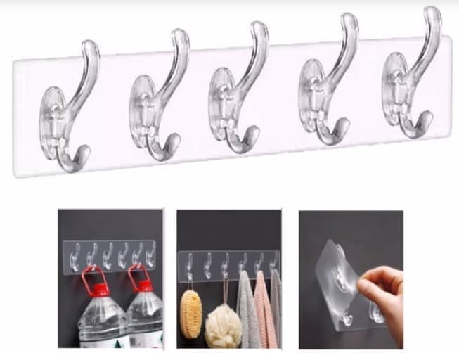 2 Adet 5'li Şeffaf Kendinden Yapışkanlı Askılık Delmeden Montaj Duvar Askısı - Mutfak Duvar Kapı Arkası - Eşya Düzenleyici Organizer Set 2 Adet