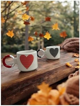 SİYAH VE KIRMIZI KALP DESENLİ ÇAY KAHVE 2 Lİ EL YAPIMI SERAMİK KUPA