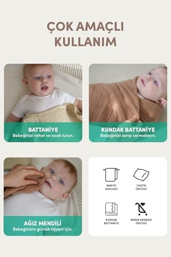 Müslin Bebek Kundak Örtüsü 120X120 cm -%100 Pamuk 4 Kat Müslin Bebek Battaniye (Bej)