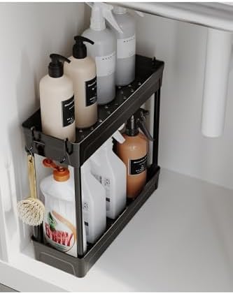 Çok Amaçlı 2 Katlı Evye Altı Düzenleyicisi Askılı Banyo Düzenleyici Kaydırmaz Tabanlı Siyah