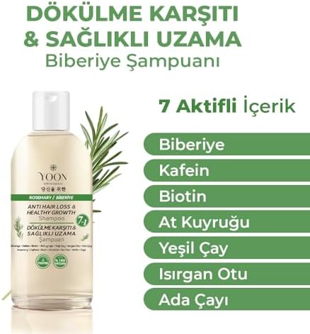 YOON Saç Dökülme Karşıtı, Sağlıklı Hızlı Saç Uzamasına Yardımcı, 7 Aktifli Biberiyeli Tuzsuz Şampuan, 400ml