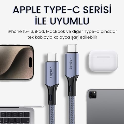 Veggieg 100W 5A E-Mark Çipli PD Type-C to Type-C Hızlı Şarj ve Data Kablosu 2 Metre