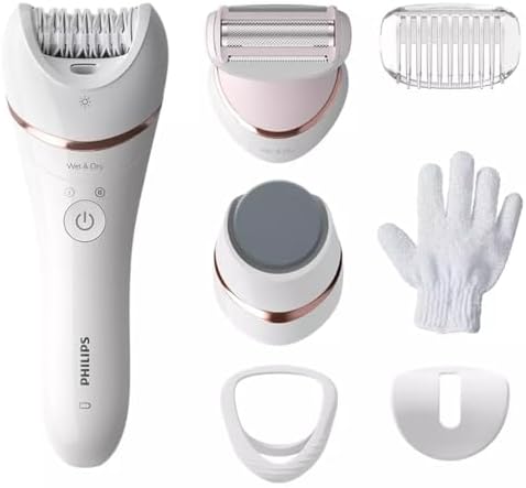 Philips Epilasyon Cihazı, Islak ve Kuru Kablosuz Kullanım, LED Işık, Ekstra Geniş Başlık, Hassas Bölge Başlığı, Pedikür Ayak Törpüsü, 6 Aksesuar Dahil, Beyaz Renk, BRE730/05