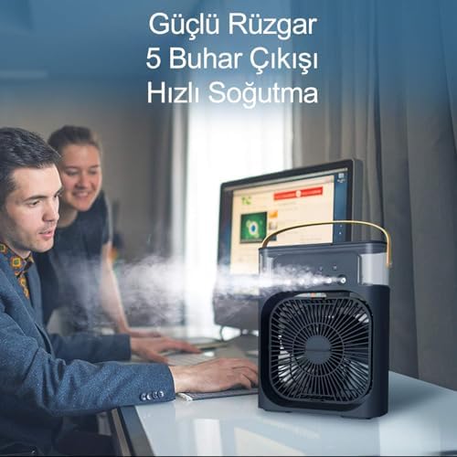 Buharlı Vantilatör Masaüstü Fan Klima Buharlı Hava Nemlendiricili Vantilatör Buzlu Hava Nemlendirici Özellikli 7 Renk Led Asorti Renk