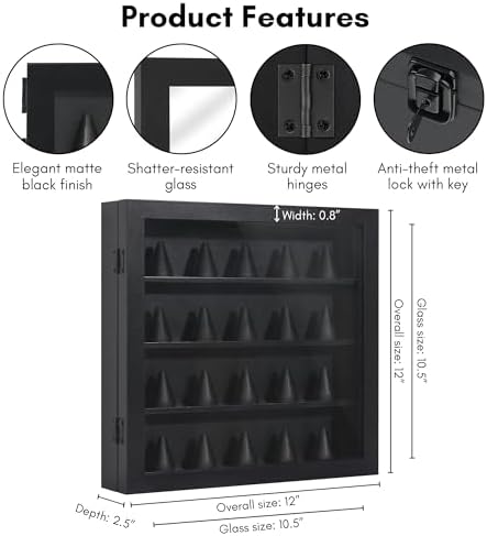 Americanflat Kilit ve Anahtarlı 12x12 Şampiyona Yüzüğü Vitrin - 20 Yüzük Tutun - Kırılmaya Dayanıklı Camlı Takı Teşhir için Siyah Yüzük Kılıfı - Yüzükler için Bağımsız veya Duvara Monte Ekranlar