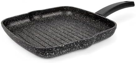 Alüminyum Döküm Kare Izgara Tavası | Granit Kaplama Yapışmaz Yüzeyli | Et, Tavuk ve Sebze İçin İdeal Mutfak Izgarası | 29cmx29cm Siyah