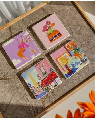 Renkli Retro Desenli Doğal Taş Bardak Altlığı Seti, 4’lü