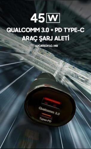 45W Ultra Hızlı Araç Şarj Cihazı | PD + USB Çift Girişli | Tüm cihazlar ile uyumlu (Siyah)