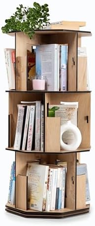 360° Döner Kitaplık – Modern ve Dekoratif Çok Katmanlı Ahşap Kitap ve Dergi Rafı (Meşe, 3 Raflı)