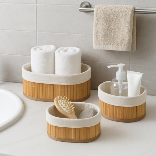 3’lü Bambu Sepet Seti – Pamuklu Astarı Çıkarılabilir, Çok Amaçlı Düzenleyici ve Dekoratif Saklama Sepeti, Mutfak, Banyo ve Salon Kullanımı