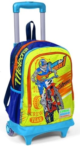 Işıklı Tekerlekli Motorsiklet Çekçek Okul ve Seyahat Çantası Erkek Çocuk Lacivert Sarı