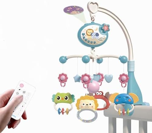 Pilli Işıklı Müzikli Kumandalı Projektörlü Sabitlemeli Çıngıraklı Dişlikli Dönence - Uyku Arkadaşı (Mavi)