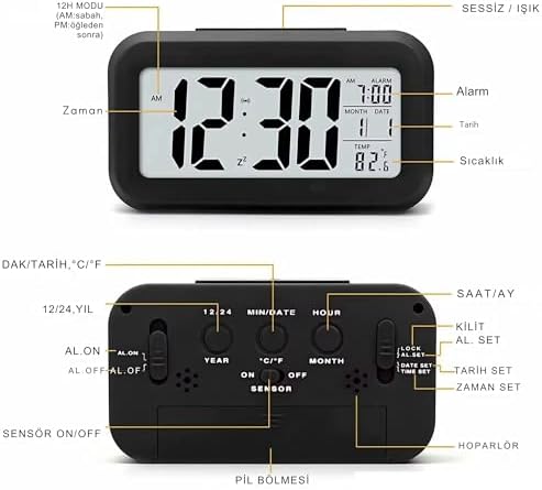 Şeker Ofisi Dekoratif Dijital Alarmlı Saat, 12/24 Dönüştürme Gece Görüşlü Yatak Başucu Saati Masa Saati Led Ekran Pilli Çalar Saat 13 x 4.5x 7.5cm (Beyaz)