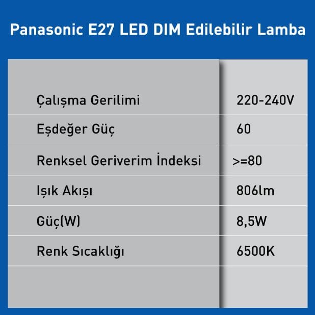 E27 LED Dim Lamba 8.5W 806LM 6500K