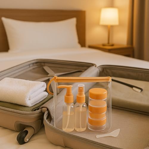 SUWORS Seyahat Kozmetik Seti 9 Parça – 3 Şişe + 3 Krem Kabı + Huni + Spatula + Şeffaf Çanta | Uçak İçin Uygun, Doldurulabilir, Taşınabilir Bakım Seti