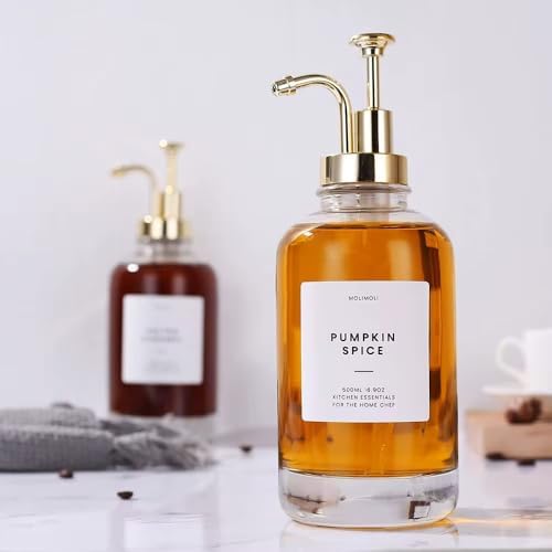 2'li 500 ml Cam Sıvı Sabunluk ve Losyonluk Seti – Yüksek Kaliteli Krom Başlık, Şık Tasarım, Çok Amaçlı Kullanım İçin: Kahve Şurubu, Sıvı Yağ, Sirke, Losyon ve Sıvı Sabun (, Yuvarlak)