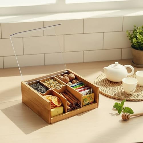Akrilik Şeffaf Kapaklı Bambu 6 Bölmeli Çay Kutusu -%100 Orjinal Bambu Şeffaf Kapak (22cm*22cm*10cm)