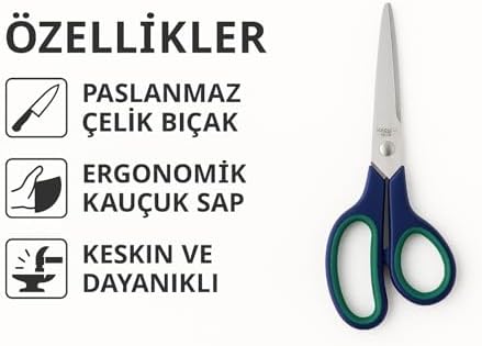 21.5 cm Paslanmaz Çelik Büyük Ofis Makası – Ergonomik Kauçuk Saplı, Yeşil-Lacivert Renkli, Ev & Büro Tipi