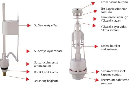 Basmali Vitriye Rezervuar İç Takımı, Hidrolik ve Seri Kapanma Sistemli, Seramik Uyumlu, Sessiz Su Doldurma Özellikli, Ayarlanabilir Su Seviyeli