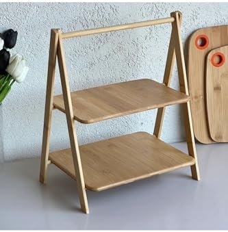 2 Katlı Dikdörtgen Bambu Servis Sunum Seti Büyük Boy, Kuru Pasta, Kurabiye ve Kek Sunumları İçin Büyük Boy (38cm-30cm-22.5cm)