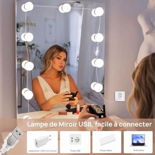 Ayna Işıkları 10 Hollywood Tarzı Ampul, Mükemmel Gizli Tel, 3 Renk ve 10 Yoğunluk Ayarlanabilir, Ampul Makyaj Aynası Çıkartma, Makyaj Aynası için LED Işıklar