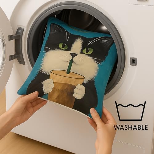 4’lü Dekoratif Yastık Kılıfı Seti - Sevimli Siyah Beyaz Kedi Deseni, Yumuşak Kare Kırlent Kılıfları, Ev ve Ofis Dekoru, Fermuarlı, 45x45 cm Kedi Temalı Hediye Seti