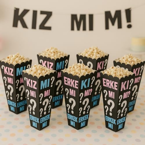 Partinity Kız mı Erkek mi Popcorn Kutusu, 8'li Set, Baby Shower ve Cinsiyet Partisi için Mısır Kutuları, Siyah