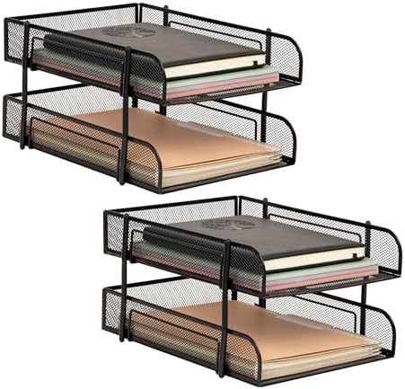 Reader Ağ Koleksiyonu, 2 Katlı Kağıt Tepsisi, Mektup Boyutu, İstiflenebilir, Dosya ve Belge Tutucu, Masaüstü Düzenleyici, Metal Örgü, Siyah