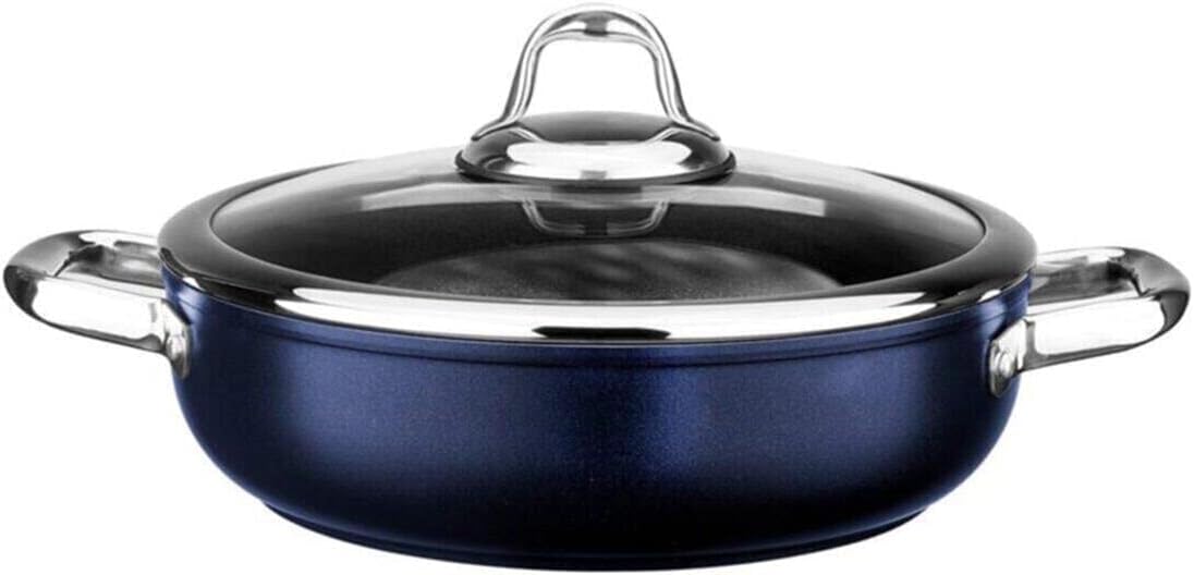 Titanium 24Cm Sığ Tencere, Çelik Kulp, Özel Çerçeveli Cam Kapak Metalik Mavi