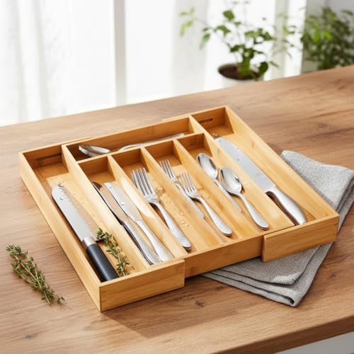 7 Bölmeli Bambu Kaşıklık – Antibakteriyel Çekmece İçi Düzenleyici Organizer | Doğal Ahşap, Şık ve Dayanıklı Tasarım