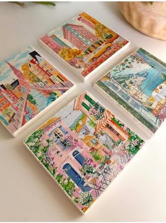 ve Yaz Avrupa Şehir Temalı Taş Bardak Altlıkları - 4’lü Set çiçekli ve renkli
