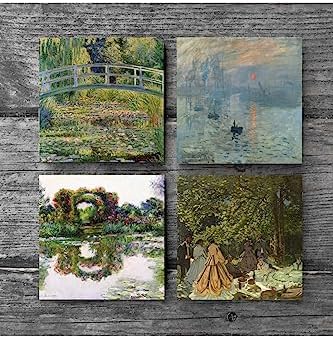 Gül Çiçekli Kemer, Kırda Öğle Yemeği, İzlenim Gün Doğumu, Gölü Taş Bardak Altlığı Seti - 4 Parça - Dekoratif, Rustik Mutfak Aksesuarı, 10x10 cm, Kaydırmaz Tabanlı SC530