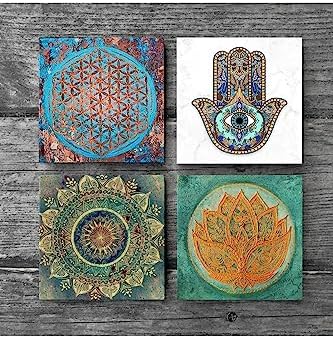 Mandala, Yaşam Çiçeği, Çiçeği, Fatma Ana Eli Taş Bardak Altlığı Seti - 4 Parça - Dekoratif, Rustik Mutfak Aksesuarı, 10x10 cm, Kaydırmaz Tabanlı, Şık ve Dayanıklı SC212