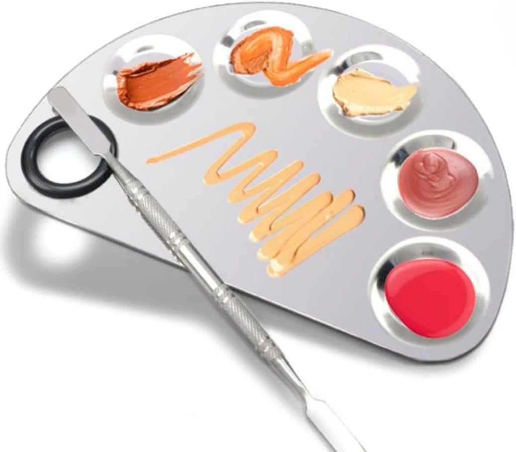 Mecno Beauty Profesyonel Makyaj Karıştırma Paleti, Paslanmaz Çelik, D Şekilli, Spatula ile Birlikte, Metalik Gri