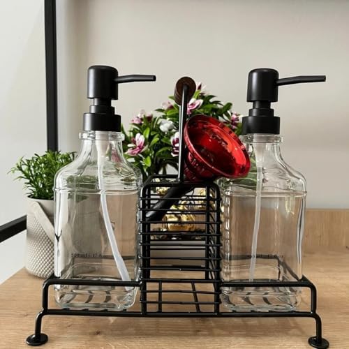 2'li Cam Dispenser Seti – Metal Taşıyıcılı Sıvı Sabun & Deterjan Pompa Şişeleri, Endüstriyel Mutfak & Banyo Organizer