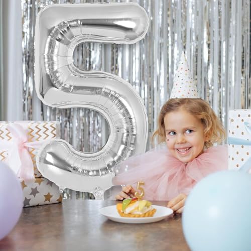 xesha 5 Rakamı Doğum Günü Balonu Yaş Günü Gümüş Renk Uçan Balon 102 cm Doğum Günü ve Parti Dekorasyonu Büyük Boy Folyo Helyum Uçan Balon Yaş 5 Sayısı
