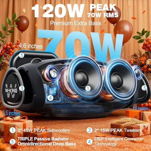 W-KING Subwoofer ile taşınabilir Loud Bluetooth Hoparlör, 70W Taşınabilir Açık Hoparlörler Bluetooth Kablosuz Su Geçirmez, Üçlü Pasif Radyatörler-Derin Bas/Hi-fi Ses/DSP/42H/Güç