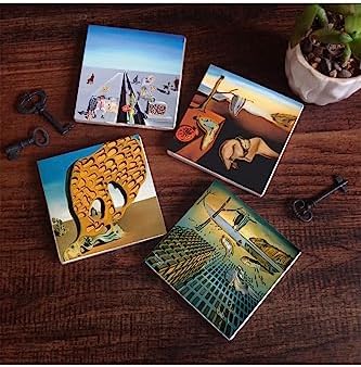 Dalí Belleğin Azmi, Belleğin Azmi Dağılışı, Arzunun Gizemi, Baharın İlk Günleri Taş Bardak Altlığı Seti - 4 Parça - Dekoratif, Rustik Mutfak Aksesuarı, 10x10 cm, Kaydırmaz Tabanlı SC217