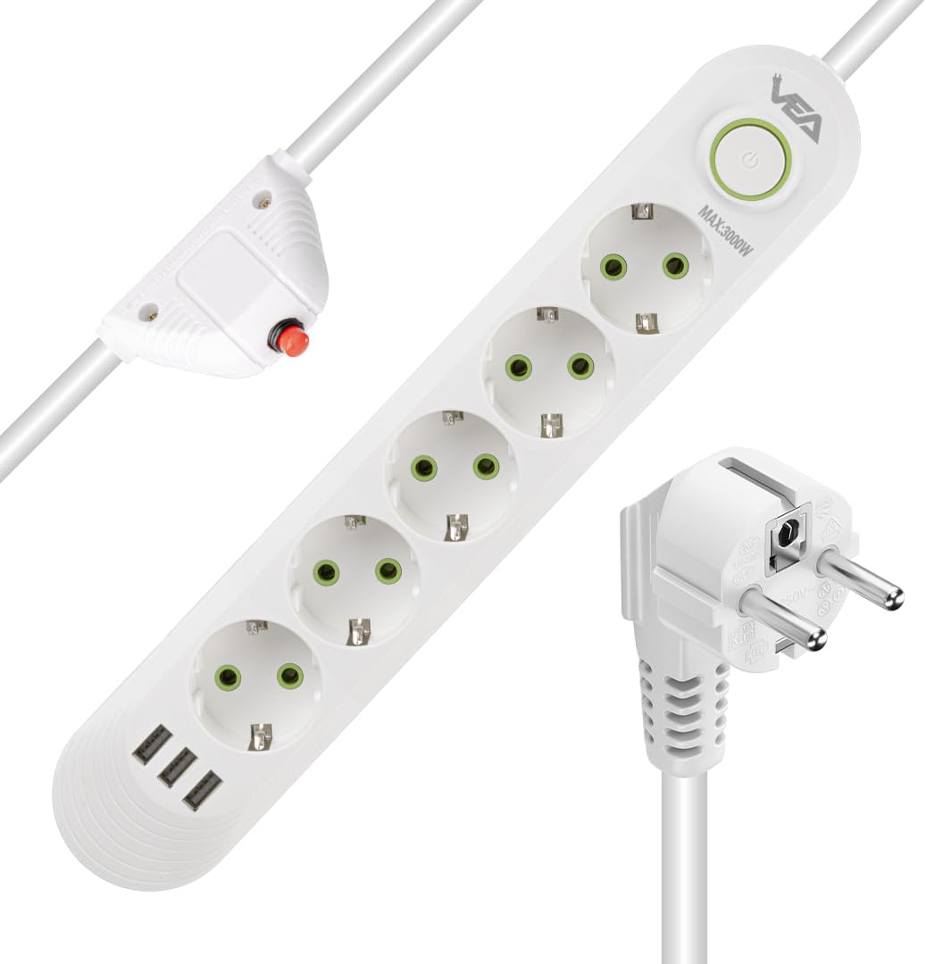 Akım Korumalı Priz, 5'li Çoklu Priz, 3 Usb, 1.5 Mt Kablo, Anahtarlı Grup Priz, Usb Li Priz, Dayanıklı, 3000 Watt Gücünde