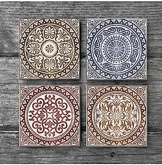 Etnik Desen Taş Bardak Altlığı Seti - 4 Parça - Dekoratif, Rustik Mutfak Aksesuarı, 10x10 cm, Kaydırmaz Tabanlı, Şık ve Dayanıklı SC114